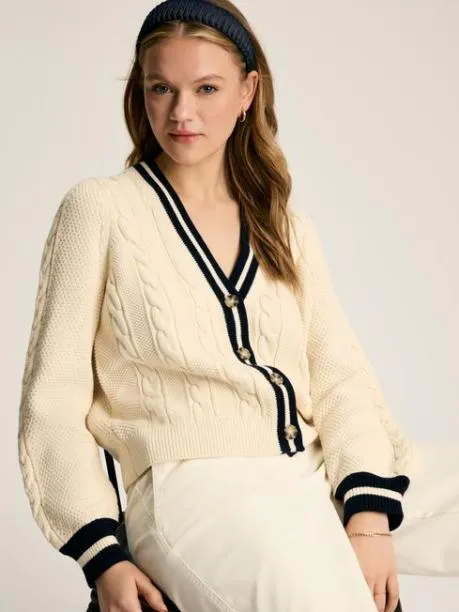 Jumpers and Knitwear Women Joules Cream and Navy Button Through Cable Knit Cardigan