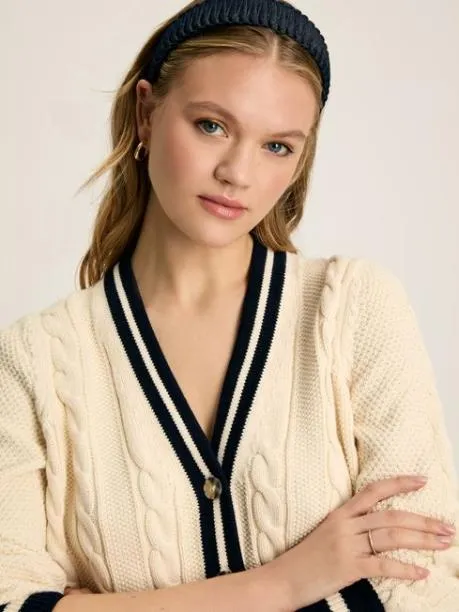 Jumpers and Knitwear Women Joules Cream and Navy Button Through Cable Knit Cardigan