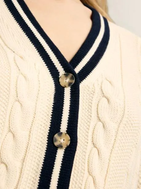 Jumpers and Knitwear Women Joules Cream and Navy Button Through Cable Knit Cardigan