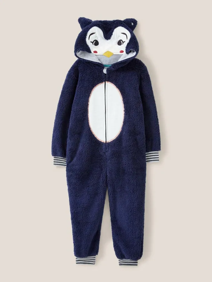 Kids White Stuff Pyjamas Penguin Onesie Chambray Blue