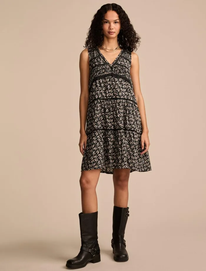 Lace Trimmed Tank Mini Dress Black Ditsy Women Lucky Brand Dresses