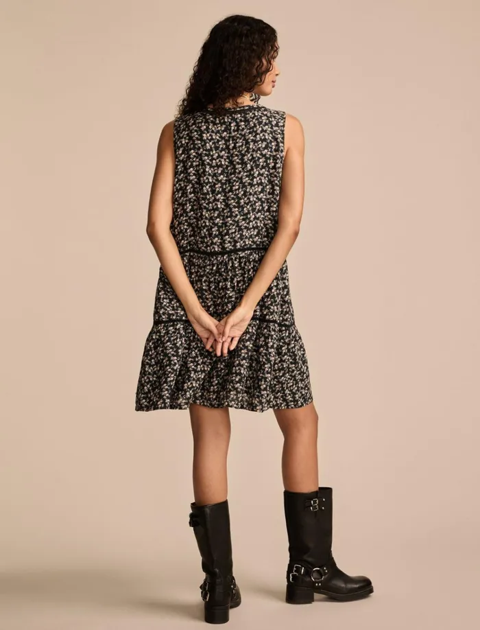 Lace Trimmed Tank Mini Dress Black Ditsy Women Lucky Brand Dresses