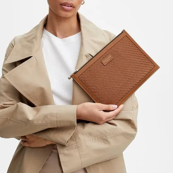 Large Essential Flat Pouch Tan Woven Leather Women Aspinal Of London Woven Leather