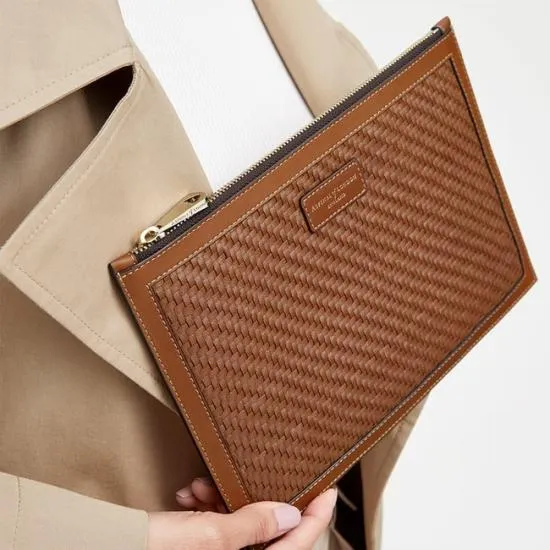 Large Essential Flat Pouch Tan Woven Leather Women Aspinal Of London Woven Leather