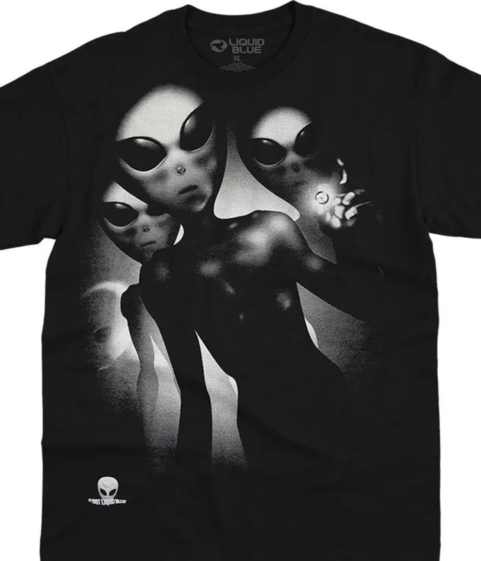 Liquid Blue TShirt Men Alien Visitors Black TShirt