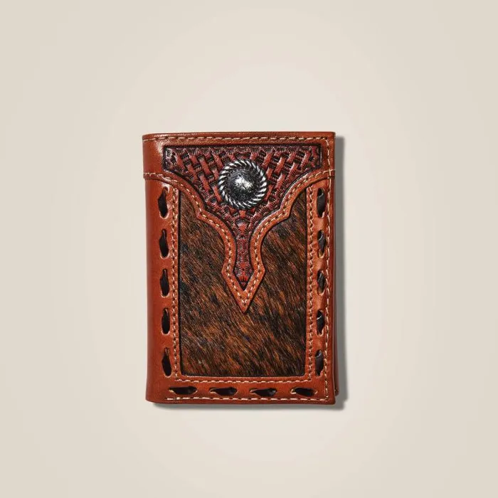 Men Bags and Wallets Ariat Trifold Wallet Basketweave Calf Hair Brown