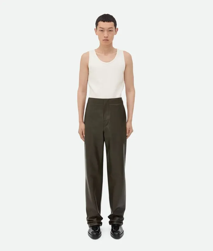 Men Bottega Veneta Leather Leather Wide Leg Trousers Dark Olive