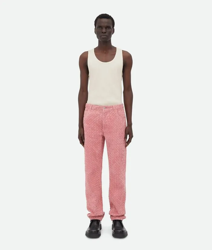 Men Bottega Veneta Leather Suede Intrecciato Leather Trousers Cherry Blossom