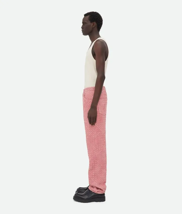Men Bottega Veneta Leather Suede Intrecciato Leather Trousers Cherry Blossom