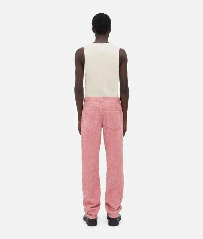 Men Bottega Veneta Leather Suede Intrecciato Leather Trousers Cherry Blossom