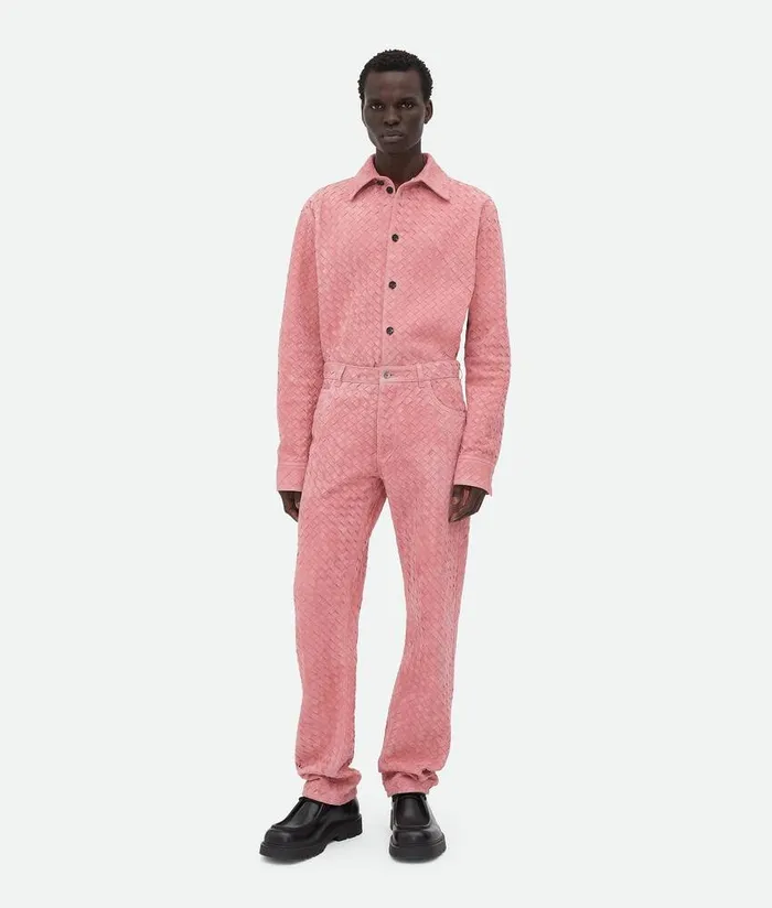 Men Bottega Veneta Leather Suede Intrecciato Leather Trousers Cherry Blossom