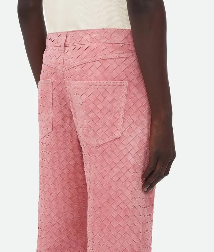 Men Bottega Veneta Leather Suede Intrecciato Leather Trousers Cherry Blossom
