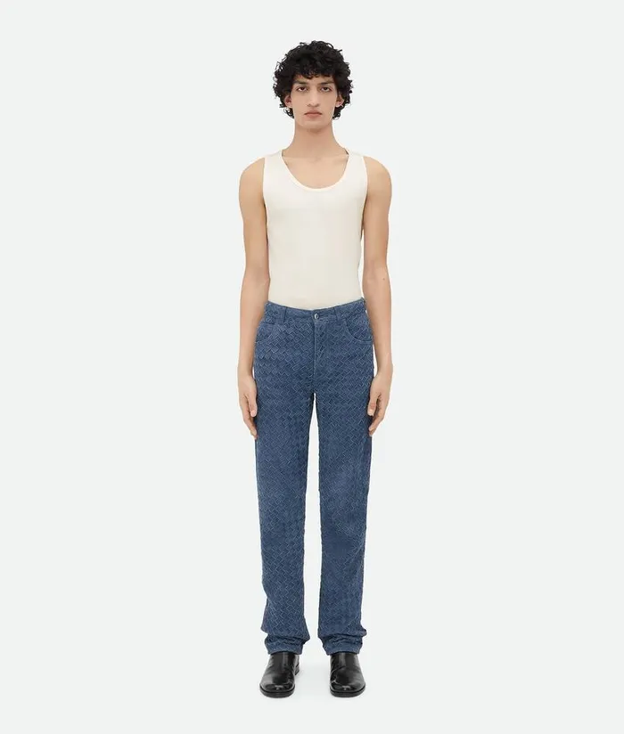 Men Bottega Veneta Leather Suede Intrecciato Leather Trousers Mid Blue