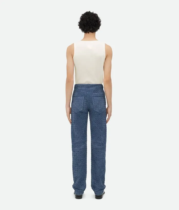 Men Bottega Veneta Leather Suede Intrecciato Leather Trousers Mid Blue