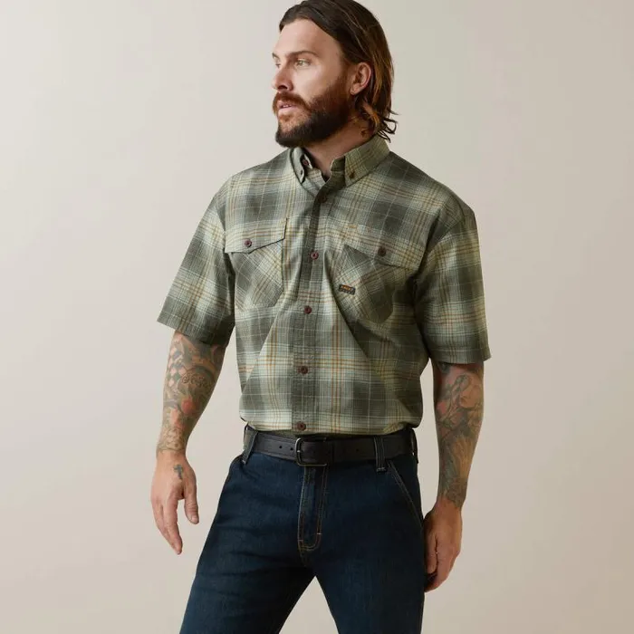 Men Button Down Shirts Ariat Rebar Made Tough DuraStretch Work Shirt Silt Green Plaid