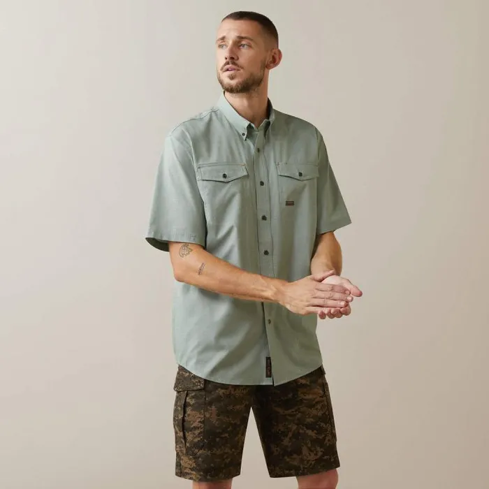 Men Button Down Shirts Ariat Rebar Made Tough VentTEK DuraStretch Work Shirt Green Bay Heather