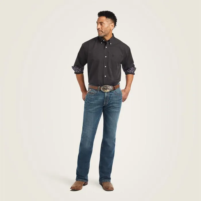 Men Button Down Shirts Ariat Wrinkle Free Solid Pinpoint Oxford Classic Fit Shirt Black