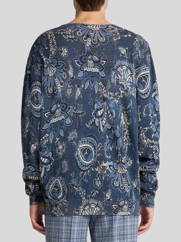 Men Etro Knitwear Silk And Cashmere Sweater With Maxi Flowers Navy Blue Men Etro Knitwear Silk And Cashmere Sweater With Maxi Flowers Navy Blue