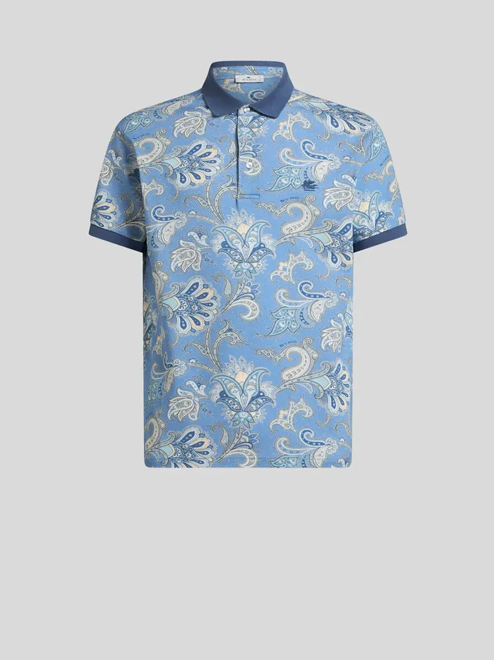 Men Etro Polo Shirts Floral Paisley Cotton Polo Shirt Light Blue