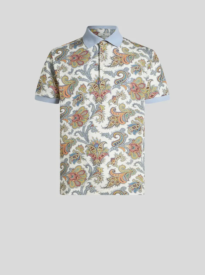 Men Etro Polo Shirts Floral Paisley Cotton Polo Shirt White