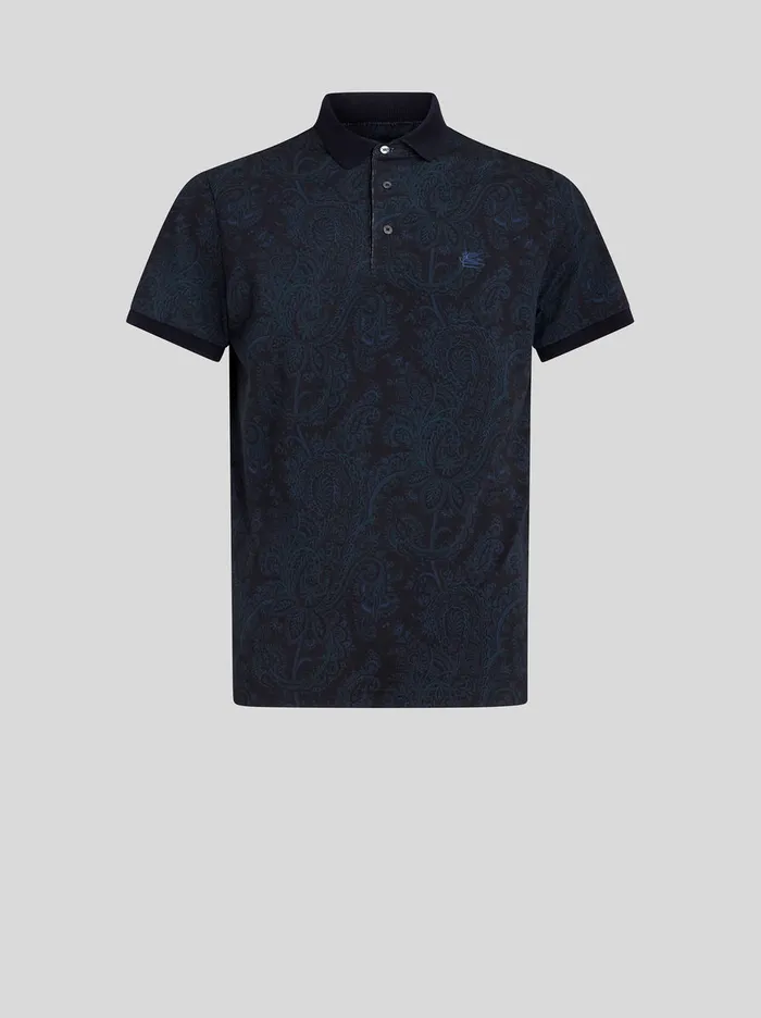 Men Etro Polo Shirts Paisley Cotton Polo Shirt Navy Blue