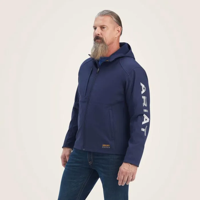 Men Jackets and Vests Ariat Rebar Stretch Canvas Softshell Hooded Logo Jacket Navygrey