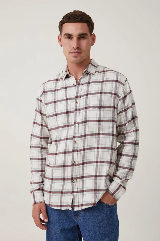 Men Shirts and Polos Cotton On Camden Long Sleeve Shirt Red Textured Check
