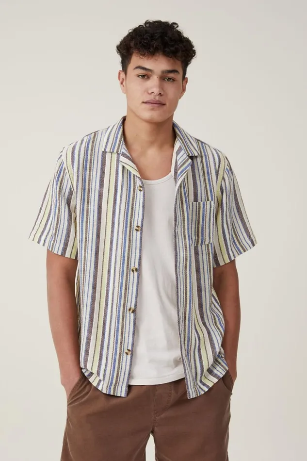 Men Shirts and Polos Cotton On Palma Short Sleeve Shirt Pale Lime Multi Stripe Men Shirts and Polos Cotton On Palma Short Sleeve Shirt Pale Lime Multi Stripe