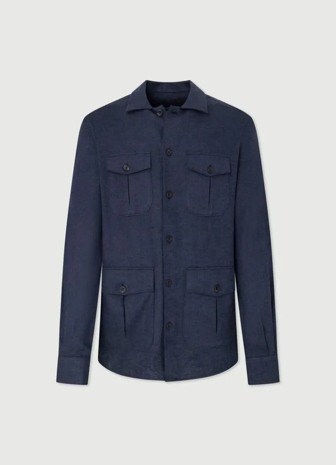 Men Shirts Hackett London Herringbone Cargo Overshirt Navy