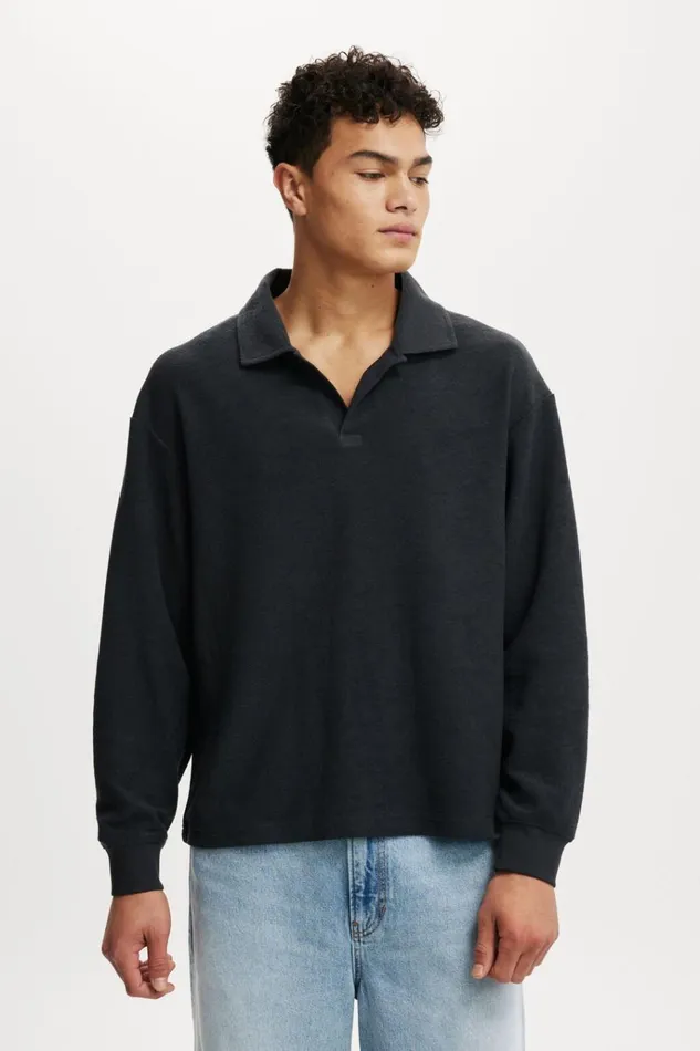 Men Sweats and Hoodies Cotton On Textured Rugby Washed Black