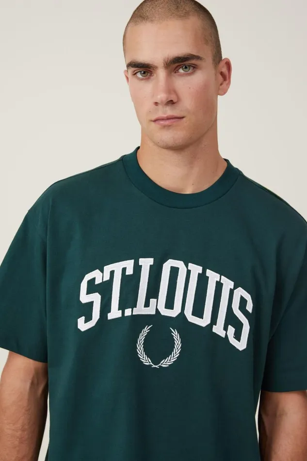 Men Tees and Tanks Cotton On Box Fit College TShirt Pineneedle Green St Louis Men Tees and Tanks Cotton On Box Fit College TShirt Pineneedle Green St Louis
