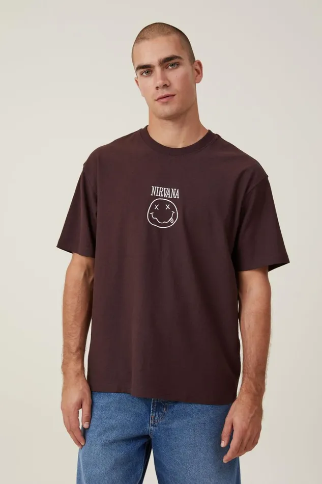 Men Tees and Tanks Cotton On Premium Loose Fit Music TShirt Lcn Mt Dark Oaknirvana 8211 Smiley Embroidery Men Tees and Tanks Cotton On Premium Loose Fit Music TShirt Lcn Mt Dark Oaknirvana 8211 Smiley Embroidery