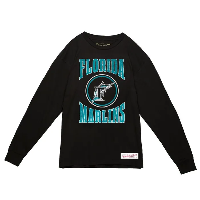Mitchell and Ness Arched Logo Slub LS Tee Florida Marlins Men TShirts and Tops