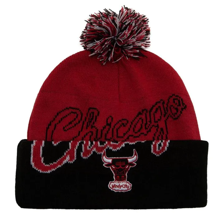 Mitchell and Ness Double Take Pom Knit HWC Chicago Bulls Men Hats and Headwear Mitchell and Ness Double Take Pom Knit HWC Chicago Bulls Men Hats and Headwear