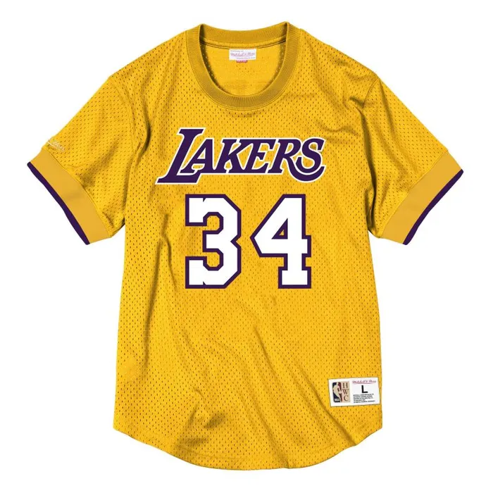 Mitchell and Ness Name and Number Mesh Crewneck Los Angeles Lakers Shaquille O039Neal Men TShirts and Tops