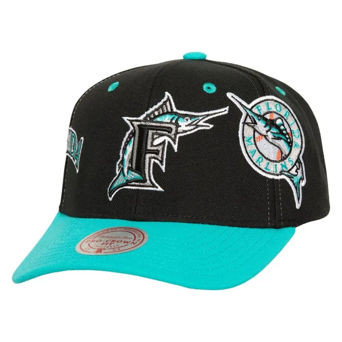 Mitchell and Ness Overbite Pro Snapback Coop Florida Marlins Men Hats and Headwear Mitchell and Ness Overbite Pro Snapback Coop Florida Marlins Men Hats and Headwear