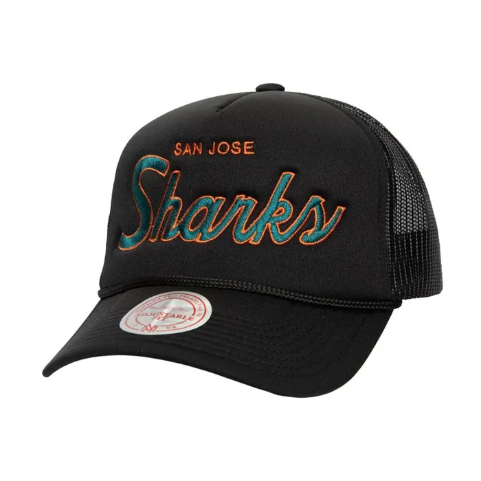 Mitchell and Ness Script Trucker San Jose Sharks Men Hats and Headwear