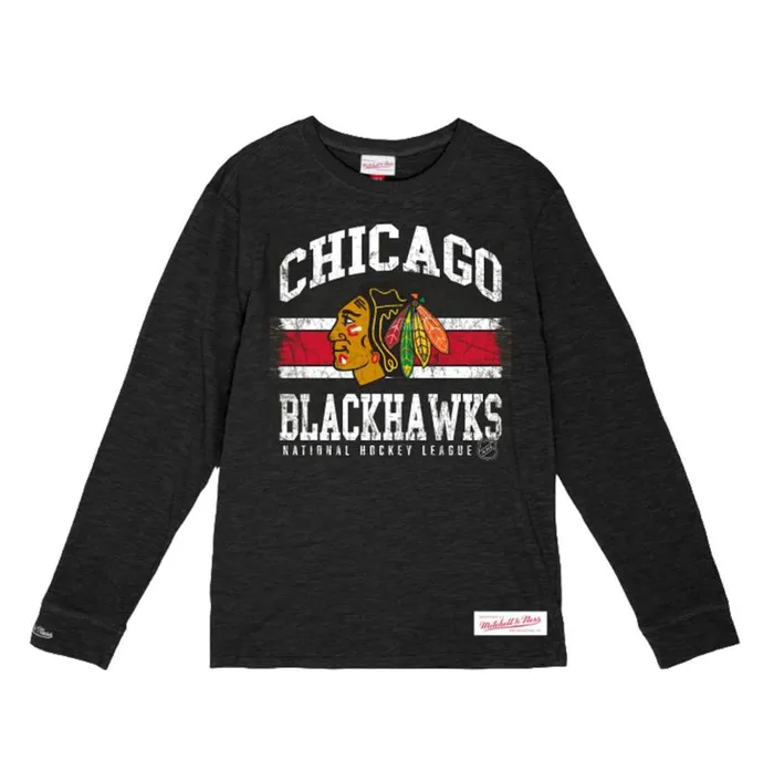 Mitchell and Ness Striped Logo Lockup Slub LS Tee Chicago Blackhawks Men TShirts and Tops Mitchell and Ness Striped Logo Lockup Slub LS Tee Chicago Blackhawks Men TShirts and Tops