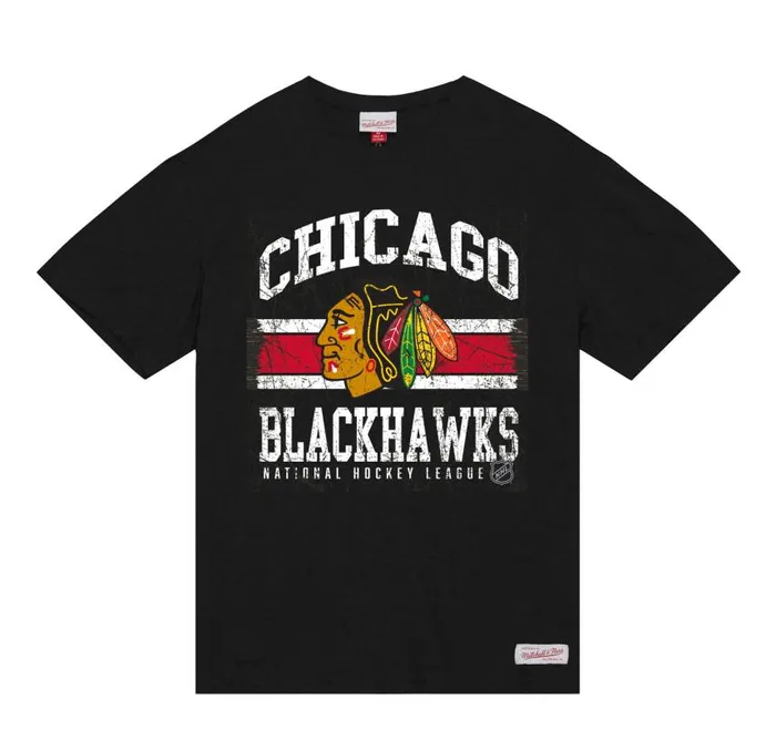 Mitchell and Ness Striped Logo Lockup Slub SS Tee Chicago Blackhawks Men TShirts and Tops Mitchell and Ness Striped Logo Lockup Slub SS Tee Chicago Blackhawks Men TShirts and Tops