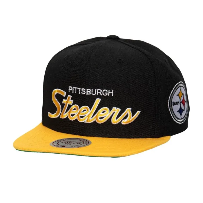 Mitchell and Ness Team Script Flatbrim Snapback Pittsburgh Steelers Men Hats and Headwear Mitchell and Ness Team Script Flatbrim Snapback Pittsburgh Steelers Men Hats and Headwear