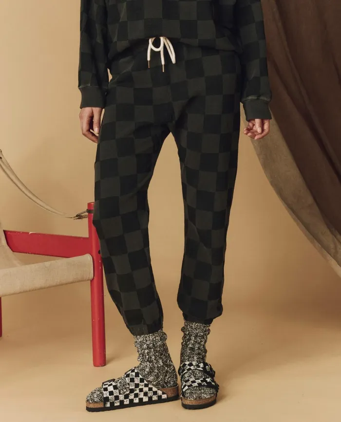 Novelty Tees and Sweats Women The Great The Hand Stamped Stadium Sweatpant Washed Black With Black Check
