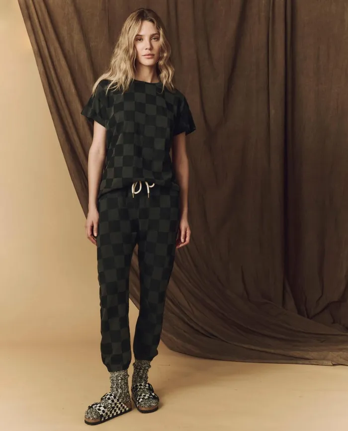 Novelty Tees and Sweats Women The Great The Hand Stamped Stadium Sweatpant Washed Black With Black Check Novelty Tees and Sweats Women The Great The Hand Stamped Stadium Sweatpant Washed Black With Black Check