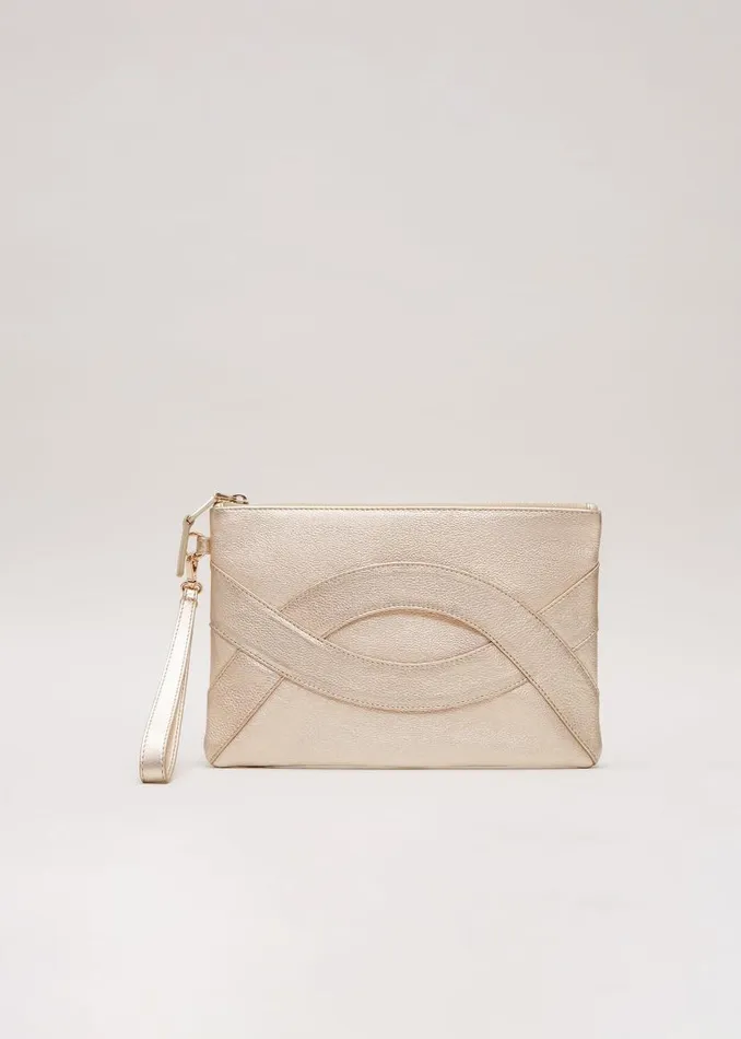Phase Eight Bags and Clutches Leather Crossover Detail Clutch Bag Gold 8211 Women
