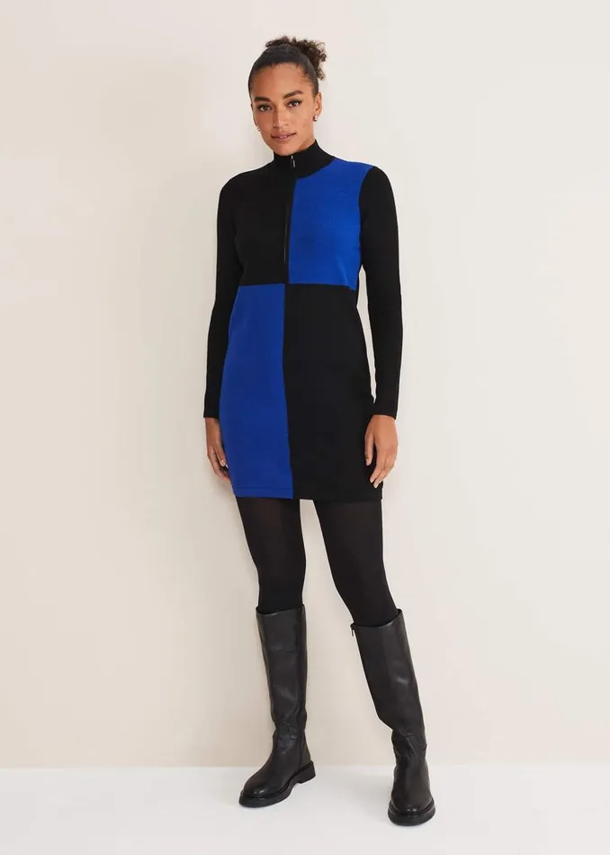 Phase Eight Dresses Arden Zip Detail Colour Block Knit Dress Cobaltblack 8211 Women