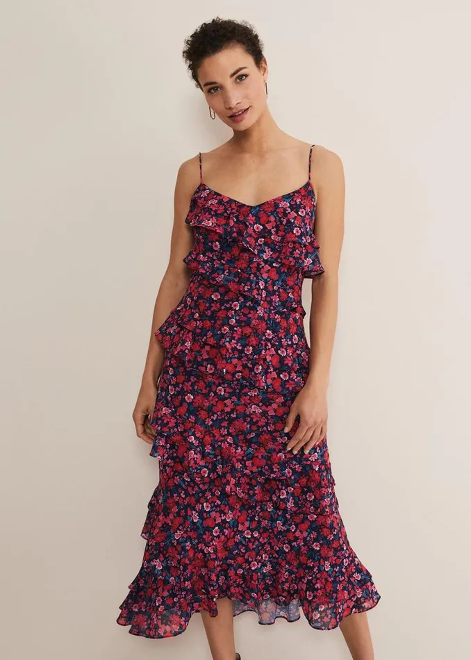 Phase Eight Dresses Ballie Floral Ruffled Midi Dress Navymulti 8211 Women