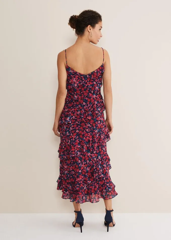Phase Eight Dresses Ballie Floral Ruffled Midi Dress Navymulti 8211 Women