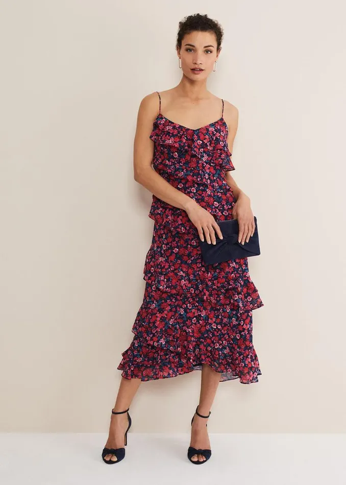 Phase Eight Dresses Ballie Floral Ruffled Midi Dress Navymulti 8211 Women