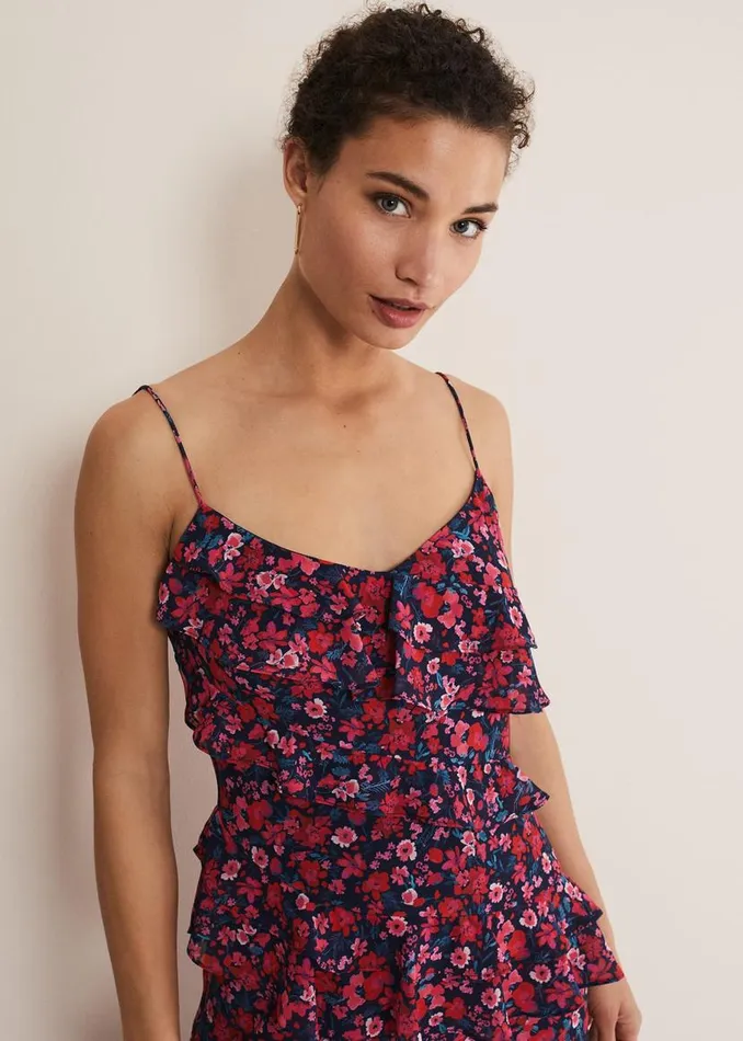 Phase Eight Dresses Ballie Floral Ruffled Midi Dress Navymulti 8211 Women