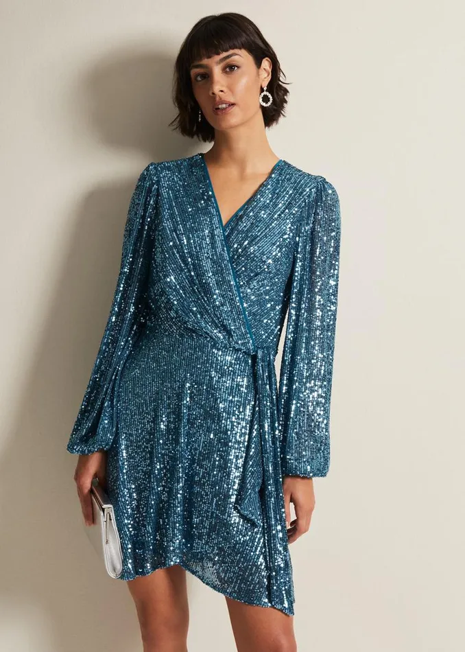 Phase Eight Dresses Carissa Teal Sequin Wrap Mini Dress Teal 8211 Women