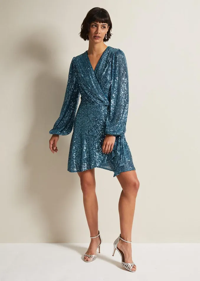Phase Eight Dresses Carissa Teal Sequin Wrap Mini Dress Teal 8211 Women